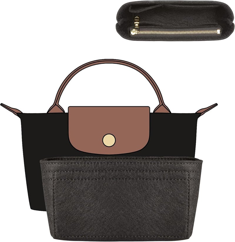 Doxo Purse Organizer Insert for Longchamp Le Pliage XS, Premium Felt Tote Bag Organizer with 7 Compartments and Zippered Pocket (Black, Mini) - Image 1
